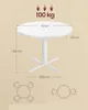 A white round dining table with dimensions indicated. Below the table are diagrams showing how chairs can be arranged around it and how it can be placed in a room. Náhled obrázku produktu
