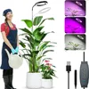 A woman watering plants next to a grow light, with inset images showing the light in different colors and its components. Produktbild-Vorschau