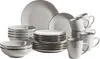 A set of white ceramic dishes with a metallic rim, including plates, bowls, and mugs, arranged on a white background. Produktbild-Vorschau
