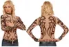 Front and back view of a woman wearing a long-sleeved mesh shirt with tribal tattoo-like prints. Produktbild-Vorschau