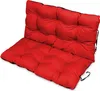 A red cushion set for a bench, shown from a diagonal angle against a white background.