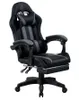 A black and gray gaming chair with a footrest, shown from the front. Náhled obrázku produktu