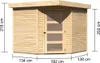 A diagram showing the dimensions of a wooden garden shed. Produktbild-Vorschau