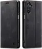 A black flip-style phone case shown from two angles, one closed and one open to reveal the phone inside. Produktbild-Vorschau