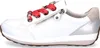 Side view of a white sneaker with red ribbon laces and silver accents. Produktbild-Vorschau