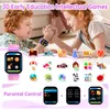 Two children are playing with a smartwatch, surrounded by icons representing games and features. Náhled obrázku produktu