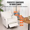 A white recliner chair is shown in a room with a window in the background. Text overlays highlight different body parts and their relation to the chair's contours. Podgląd zdjęcia produktu