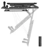 A motorized, foldable TV ceiling mount is shown in a dynamic pose, illustrating its adjustable nature. A remote control is placed to the side. Produktbild-Vorschau