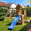 A wooden playground set with a slide and swing in a backyard on a sunny day. Produktbild-Vorschau