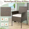 A rattan chair with a cushion on a wooden deck, with a close-up of the rattan texture and marketing icons in the foreground. Podgląd zdjęcia produktu