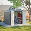 A metal garden shed with its doors open, containing a bicycle and storage shelves. Produktbild-Vorschau