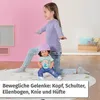 A young girl is playing with a doll, demonstrating the doll's movable joints. Produktbild-Vorschau