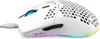 A white gaming mouse with a honeycomb design on the top, connected by a USB-C cable. It has colorful LED lighting around the base. Produktbild-Vorschau