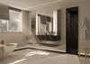A modern bathroom with a bathtub, vanity with a large mirror, and a marble-clad door, illuminated by LED strip lighting. Produktbild-Vorschau