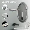 A bathroom mirror with integrated LED lighting is shown, with close-up details of its mounting system and materials. Voir les images du produit