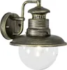 A rustic-style outdoor wall lamp with a black and gold brushed finish and a clear glass globe. Produktbild-Vorschau