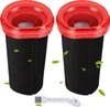 Two black vacuum cleaner filters with red tops and a small white cleaning brush are shown against a white background with green leaf graphics. Produktbild-Vorschau