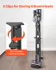 A vacuum cleaner stand with a vacuum cleaner on it, and a close-up inset showing a brush head attachment. Voir les images du produit
