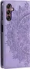 A close-up view of a purple flip phone case with a mandala embossed design. Produktbild-Vorschau
