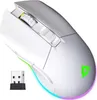 A white and silver wireless gaming mouse with RGB lighting and a USB receiver. Produktbild-Vorschau