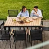 A couple is enjoying a meal at a wooden table on a deck, surrounded by a grassy lawn. Produktbild-Vorschau