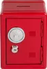 A red metal safe-shaped piggy bank with a combination lock and a key lock is shown against a white background. Náhľad obrázku produktu
