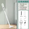 A white cordless vacuum cleaner is shown standing on a wooden floor in a room with a light green wall and vertical blinds. To the right, there is a graphic displaying the vacuum cleaner's accessories and features. Produktbild-Vorschau