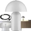 A collage of images showing a white mushroom-shaped table lamp, a charging cable, and a smaller lamp on a nightstand. Náhled obrázku produktu