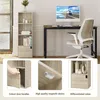 A collage of images showing a tall, narrow bookshelf with a cabinet at the bottom, a desk with a computer and chair, and close-ups of the bookshelf's features. Produktbild-Vorschau