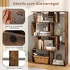 A product image showcasing a geometric bookshelf with various decorative items and books on its shelves, along with close-up details of its features. Náhled obrázku produktu