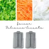 A collage showing shredded vegetables and two attachments for a food processor. Produktbild-Vorschau