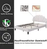 A bed frame with a decorative headboard is shown, with inset images highlighting fabric texture and a hand touching a soft surface. Informational icons and text are present on the left side. Produktbild-Vorschau