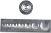 A top view of a circular metal object and a side view of a rectangular metal bar with multiple circular indentations of varying sizes. Náhled obrázku produktu