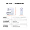 Product parameters for a mini sewing machine, including dimensions and features. Produktbild-Vorschau