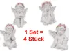 Four white angel figurines with pink rose wreaths on their heads, arranged on a white background. Text indicating '1 Set = 4 Stück' is present. Produktbild-Vorschau
