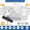 A woman is holding a folded tent bag next to a white pop-up gazebo. Dimensions and features are indicated with text and graphics. Voir les images du produit