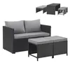 A black rattan sofa set with gray cushions and two ottomans, shown on a white background. A smaller inset image shows a table and two stools. Produktbild-Vorschau
