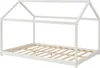 A white house-shaped bed frame with a slatted base, shown from a side angle against a white background. Náhled obrázku produktu