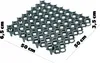 A dark gray plastic grid for lawns or paddocks, with dimensions indicated by text overlays. Voir les images du produit
