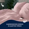 A close-up view of pink bedding with decorative feathers and text overlay. Produktbild-Vorschau