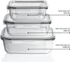 Three glass food storage containers of different sizes stacked on top of each other, with dimensions and volumes indicated by lines and text. Voir les images du produit