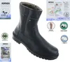 A black Jomos boot is shown with various marketing graphics and text surrounding it. Voir les images du produit