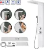 A collage of images showcasing a white shower panel system with various shower functions and accessories, along with close-ups of people using the shower. Náhled obrázku produktu