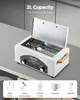 A sterilizer box with its lid open, showing utensils inside, placed on a countertop. Below the main image are icons representing different uses for the sterilizer. Produktbild-Vorschau