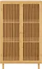 A front view of a wooden cabinet with slatted doors and shelves. Podgląd zdjęcia produktu