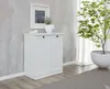 A white cabinet with two doors stands against a textured gray wall, next to a large potted plant and sheer curtains. Produktbild-Vorschau
