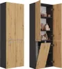 A tall, narrow cabinet with two sets of doors, one set open to reveal shelves with various items. The cabinet has a dark gray exterior and wood-effect doors and shelves. Produktbild-Vorschau