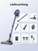 A collage of images showing a purple cordless vacuum cleaner and its various attachments and accessories, with German text labels. Produktbild-Vorschau