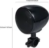 A black motorcycle speaker with a mounting bracket is shown against a white background, with dimensions indicated by text overlays. Náhled obrázku produktu