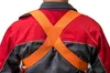 Close-up of the back of a person wearing a red and gray work jacket with orange straps crossing over the shoulders. Produktbild-Vorschau